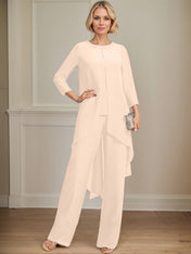 Separates Jumpsuit/Pantsuit Scoop Floor-Length Chiffon Mother of the Bride Dress With Sequins Beading
