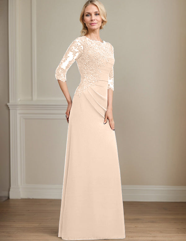 Robe de mère de la mariée trapèze en mousseline de soie et dentelle, longueur au sol, avec perles et paillettes plissées