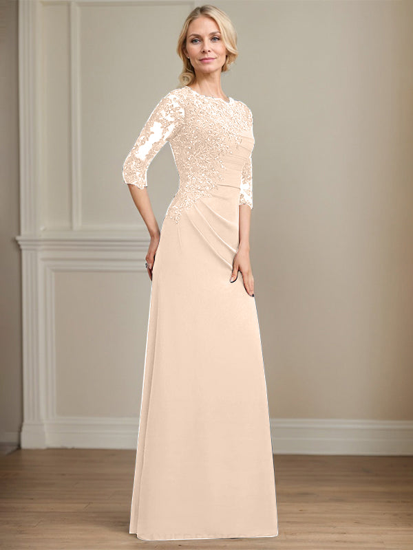 A-line Scoop Floor-Length Chiffon Lace Mother of the Bride Dress With Beading Pleated Sequins