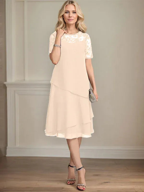A-line Scoop Illusion Knee-Length Lace Chiffon Mother of the Bride Dress With Sequins