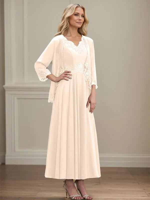 Robe de mère de la mariée trapèze en mousseline de soie, col en V, longueur cheville, avec appliques à paillettes et perles en dentelle 