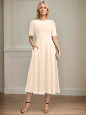 A-line Scoop Tea-Length Chiffon Mother of the Bride Dress With Appliques Lace Sequins