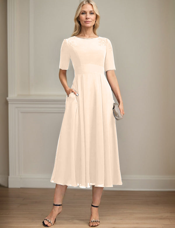 A-line Scoop Tea-Length Chiffon Mother of the Bride Dress With Appliques Lace Sequins