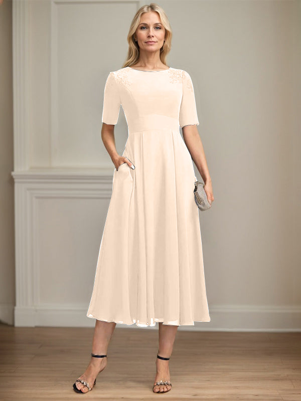 A-line Scoop Tea-Length Chiffon Mother of the Bride Dress With Appliques Lace Sequins