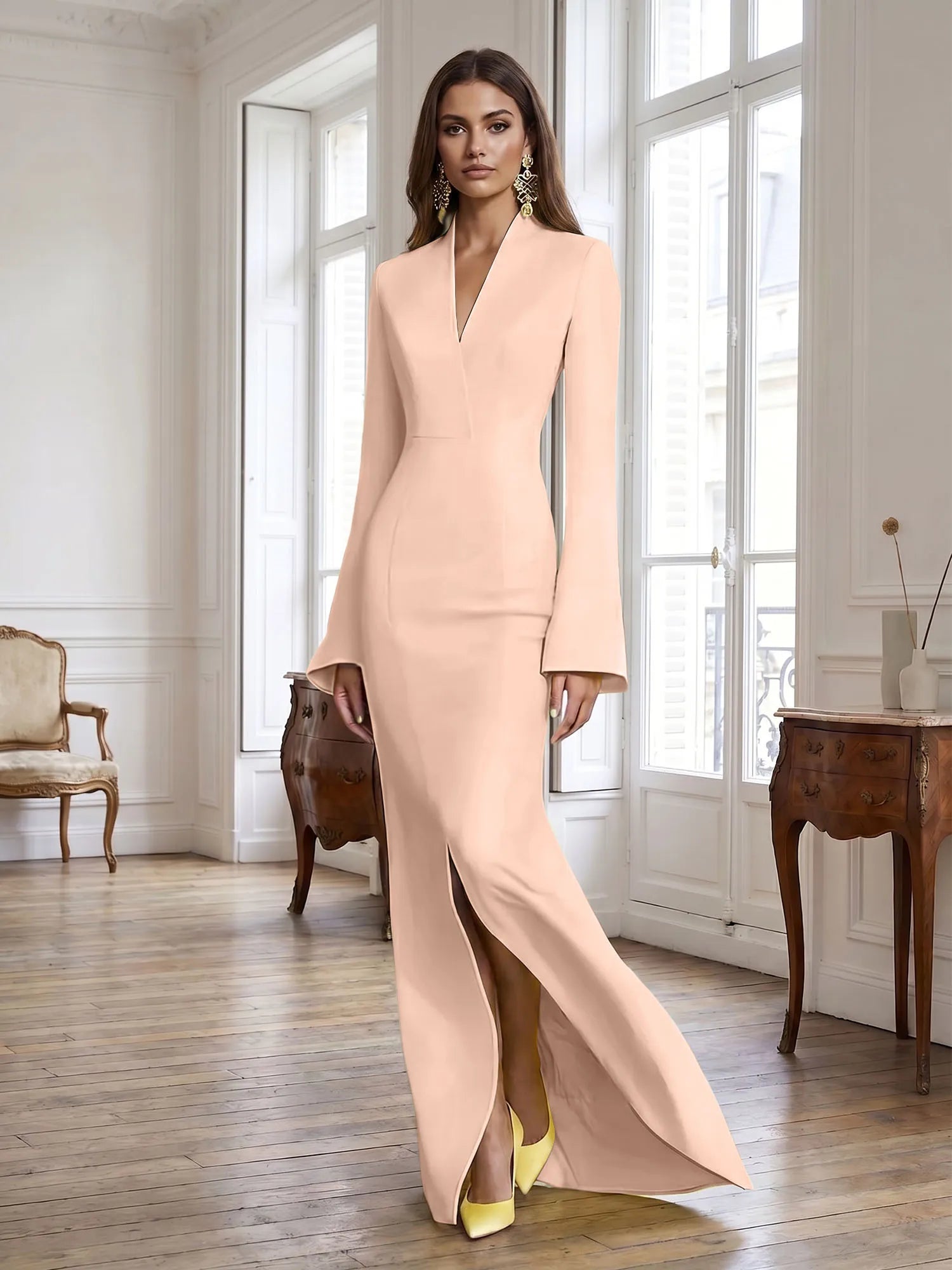 Yellow Long Bell Sleeve Mermaid Evening Gown with Asymmetric V-Neck Formal Dresses