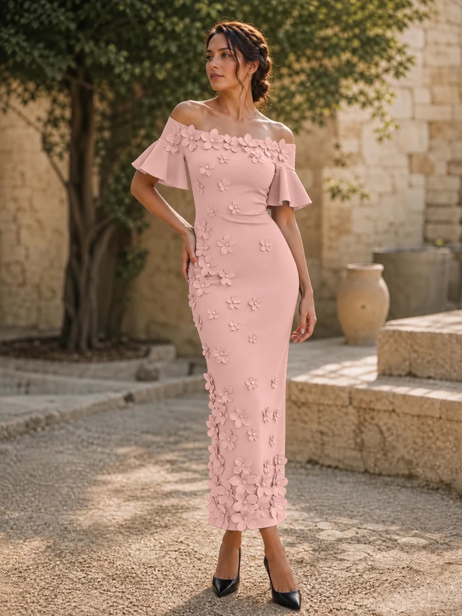 Black 3D Floral Off-The-Shoulder Ankle-Length Gown Dress