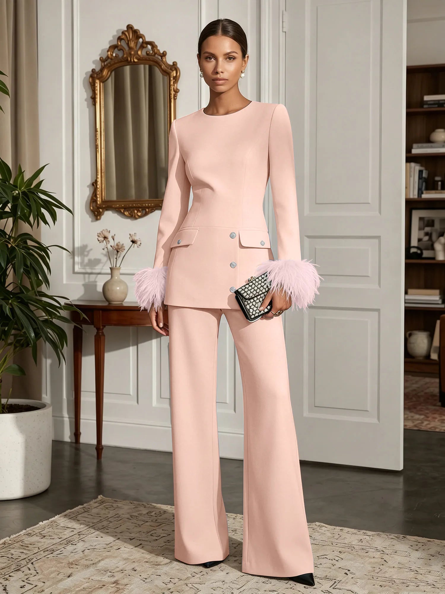 Women's White Two-Piece Set: Buckle Detail Feather-Trimmed Top & Straight-Leg Pants