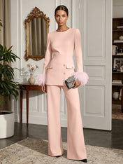 Women's White Two-Piece Set: Buckle Detail Feather-Trimmed Top & Straight-Leg Pants