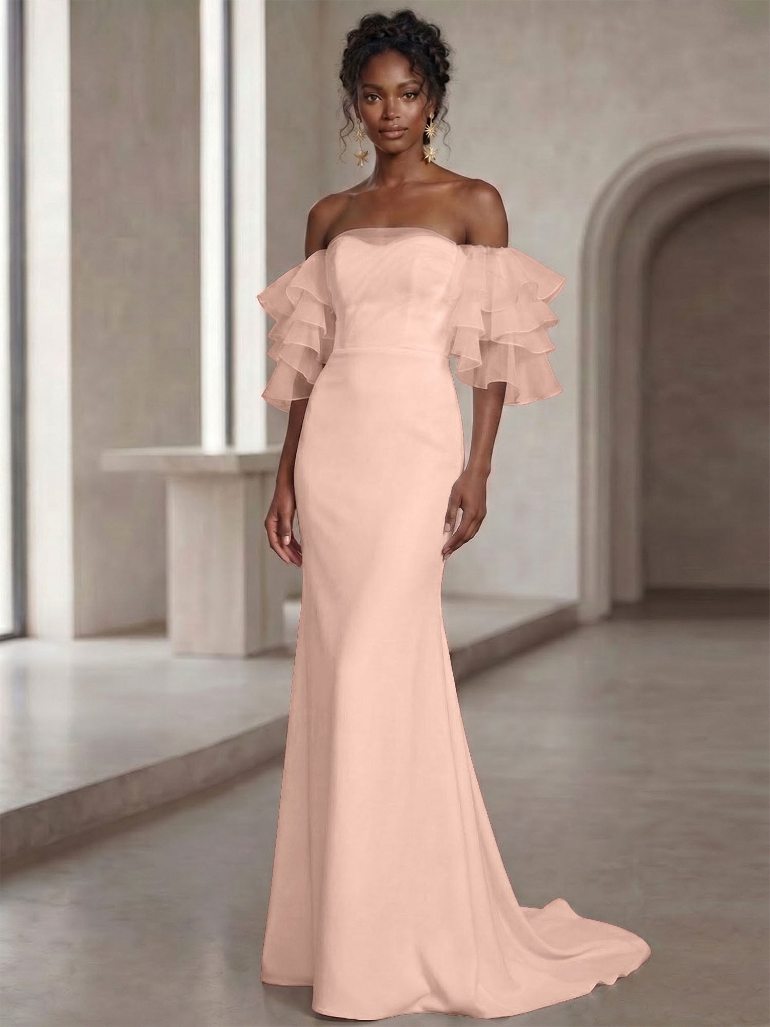 White Mermaid Off the Shoulder Ruffled Long Wedding Reception Dress