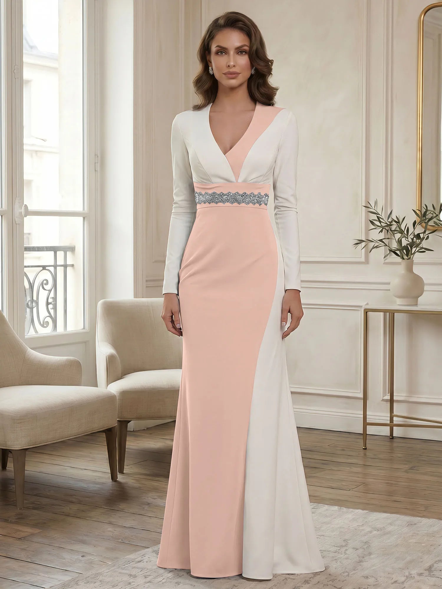 Elegant Navy & White Color-Block Long Sleeve Floor-Length Evening Gown Formal Dresses
