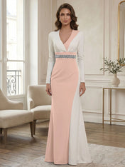Elegant Navy & White Color-Block Long Sleeve Floor-Length Evening Gown Formal Dresses