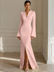 Formal Yellow V Neck Long Sleeves Floor Length Dress With Slit