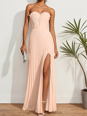Pleated Classic Strapless Sleeveless A-Line Maxi Dress
