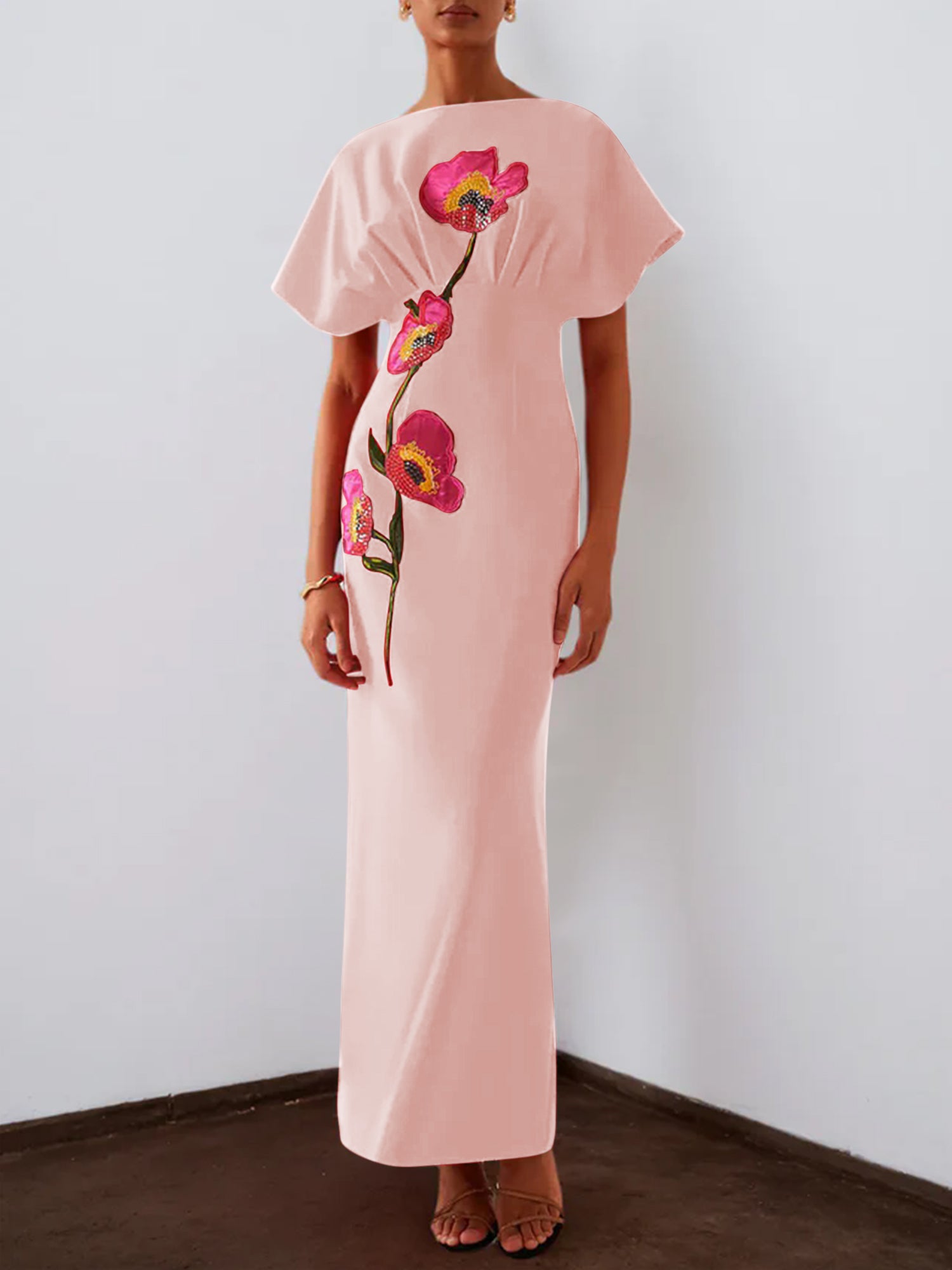 Red 3D Floral Appliqué Boat Neck Short Sleeve Backless Sheath Maxi Dress