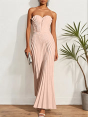 White Pleated Classic Strapless Sleeveless A-Line Maxi Dress