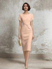 White Stretch Crepe Sheath/Column Short Sleeve Tea Length Dress With Pearls