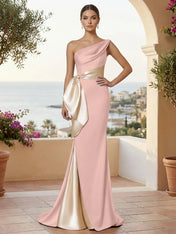 One Shoulder Mermaid Satin Pleat Evening Dresses with Bow