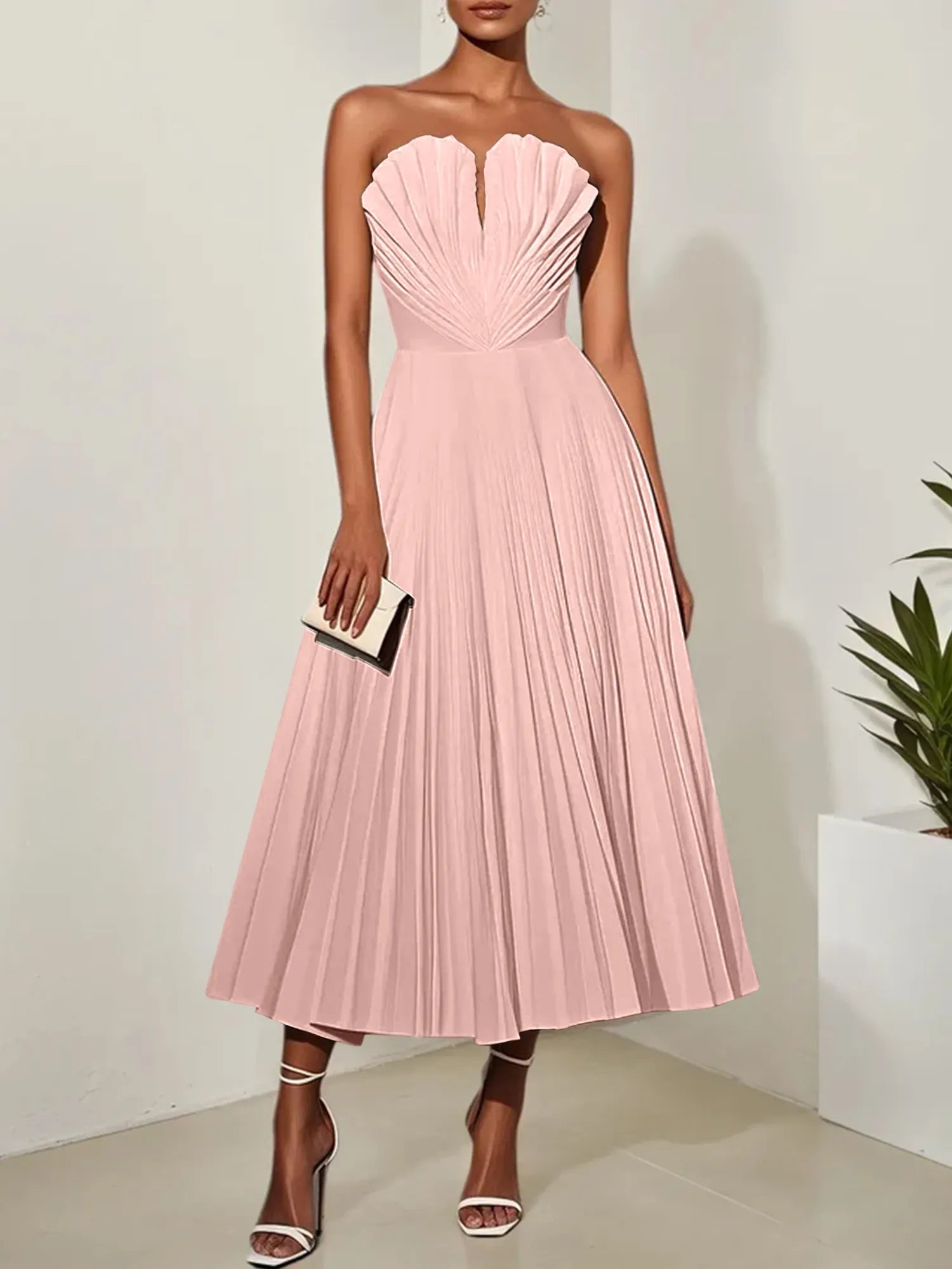 White Pleated Classic Strapless Sleeveless A-Line Midi Dress