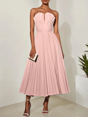 White Pleated Classic Strapless Sleeveless A-Line Midi Dress