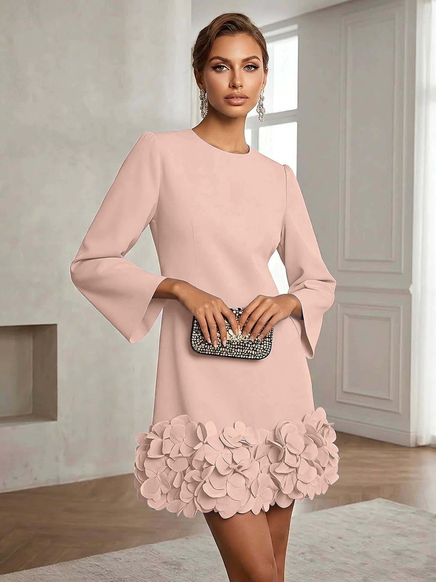 Powder Blue 3D Floral Classic Crew Neck Bell Long Sleeve Shift Mini Dress
