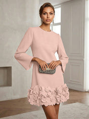Powder Blue 3D Floral Classic Crew Neck Bell Long Sleeve Shift Mini Dress