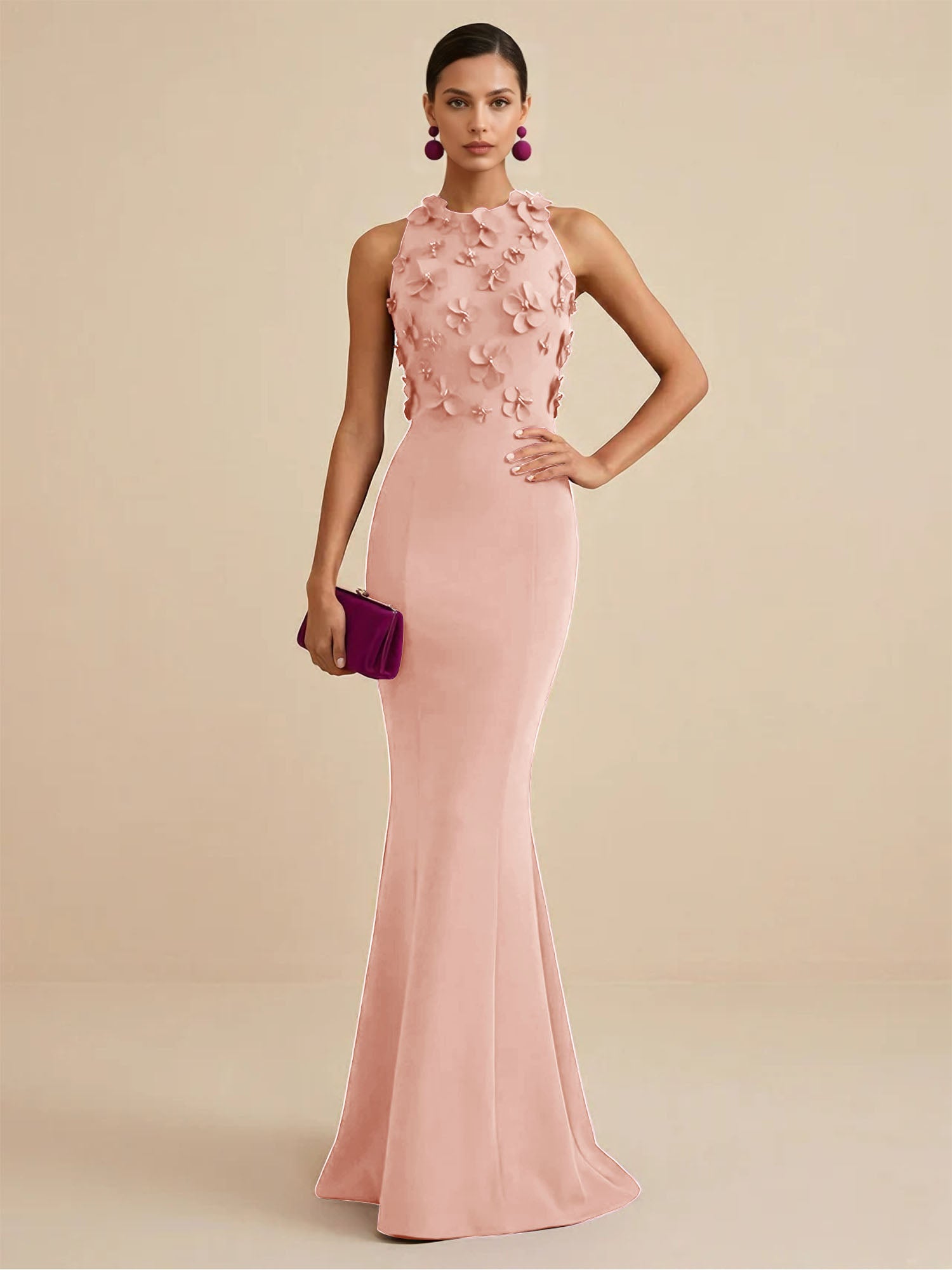 Deep Fuchsia Sleeveless High Neck 3D Floral Mermaid Formal Gown Evening Dress