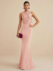 Deep Fuchsia Sleeveless High Neck 3D Floral Mermaid Formal Gown Evening Dress
