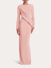 Red Sheath/Column Scoop Long Sleeves Chiffon Floor-Length Ruffles Formal Dress
