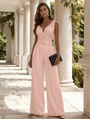 Women Pink Lace Deep V Neck Sleeveless Dressy Jumpsuit