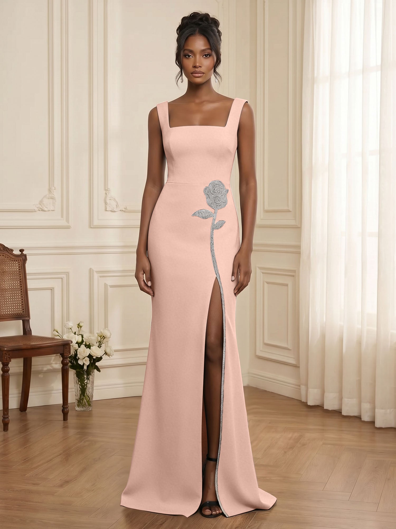Formal Evening Dress Glamorous Black Square-Neck Crystal Rose Slit Gown