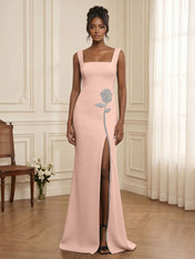 Formal Evening Dress Glamorous Black Square-Neck Crystal Rose Slit Gown