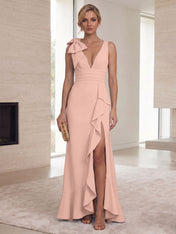 Ice Blue Bow-Accent Ruffle Slit Gown Formal Evening Dress