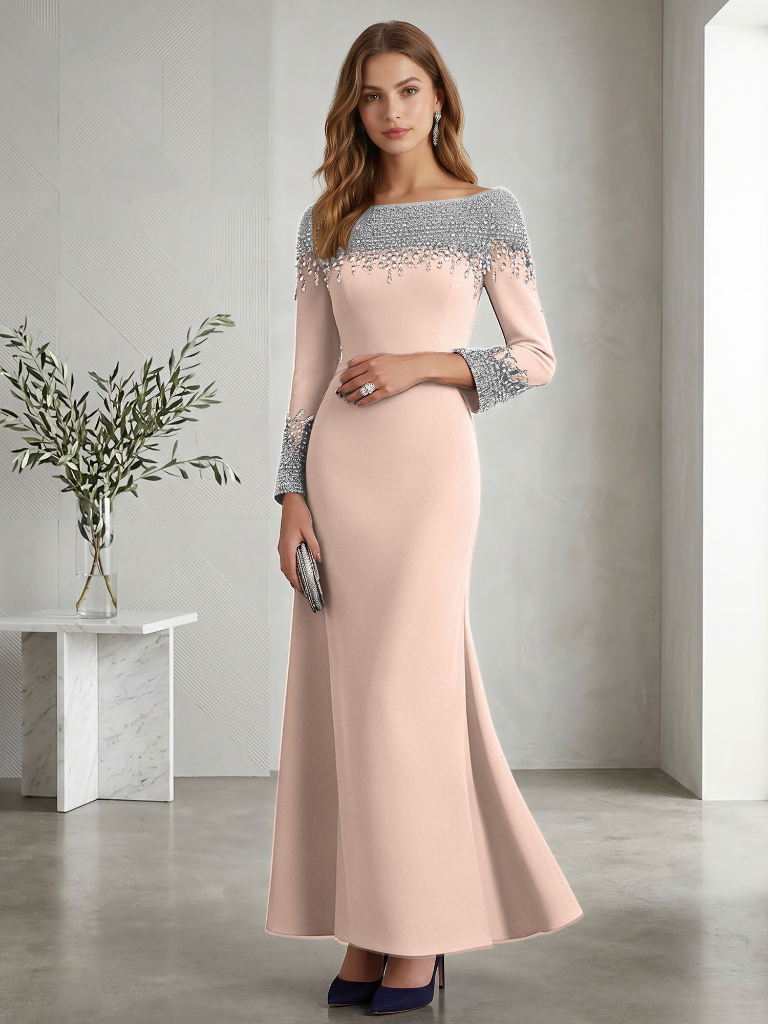 Formal Evening Dress Midnight Navy Velvet Long Sleeves Maxi Dress with Crystal