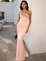 Navy Blue 3D Floral Classic One Shoulder Sleeveless Mermaid Gown Dress