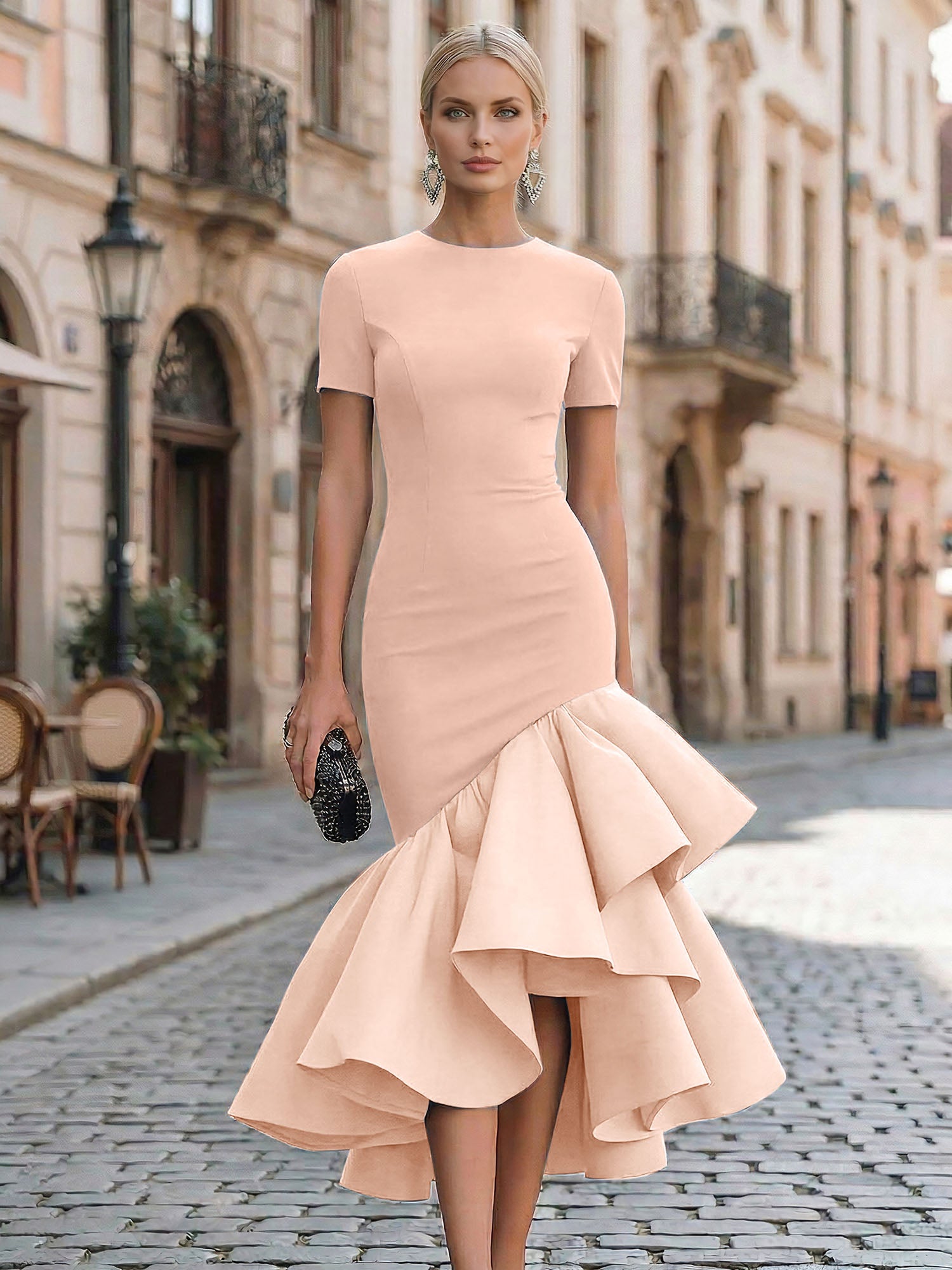 Evening Foraml Gown Avant-Garde Black Short-Sleeve Tiered Ruffle Midi Dress