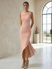 Elegant Formal Evening Gown Butter Yellow Ruched Asymmetrical Midi Dress