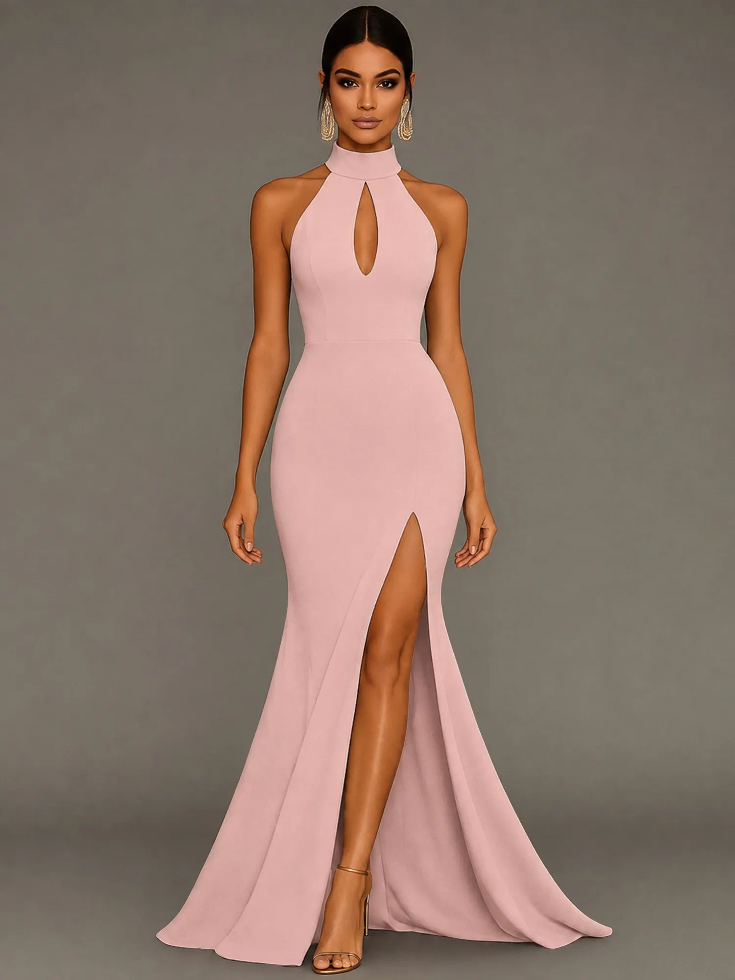 Mermaid Halter Neck Satin Formal Dress with Slit