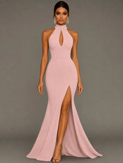 Mermaid Halter Neck Satin Formal Dress with Slit