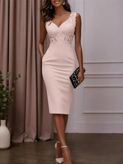 Pink Lace Hotfix Embellished Classic V Neck Sleeveless Sheath Midi Dress