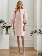 3D Floral Classic Notched Long Sleeve A-Line Midi Dress