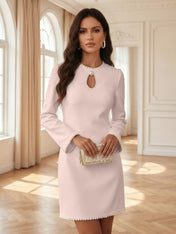 White Pearl Hollow Out Classic Crew Neck Long Sleeve Shift Mini Dress Gown