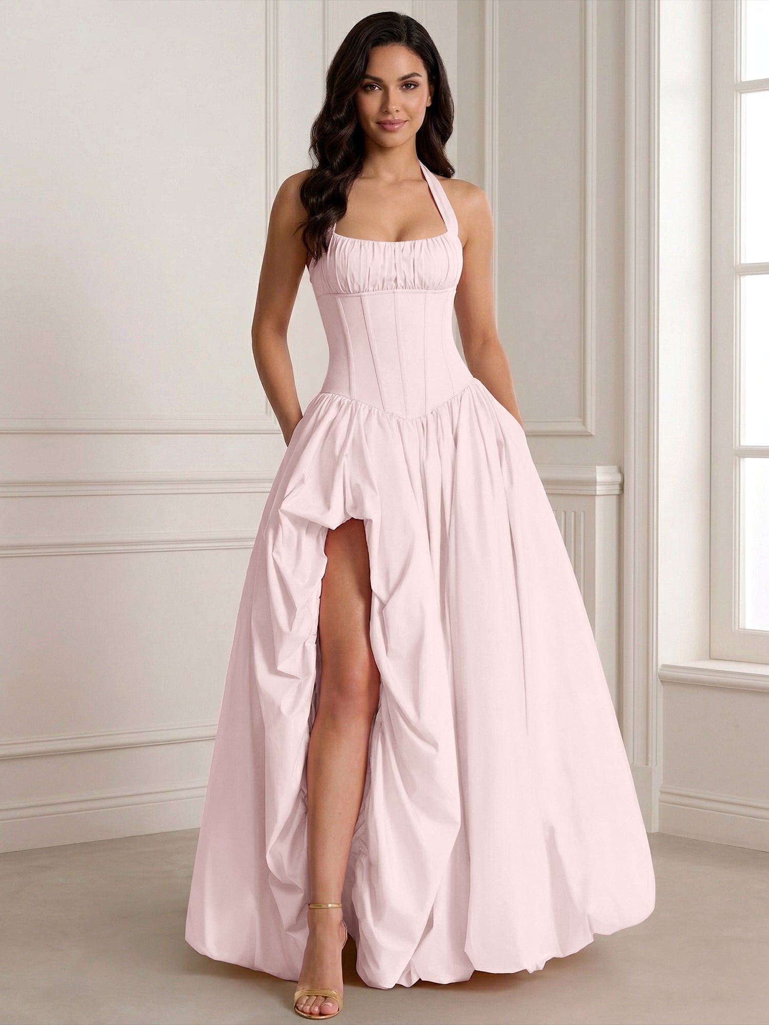 Glamorous Blush Pink Halter Corset Evening Paty Dress Gown