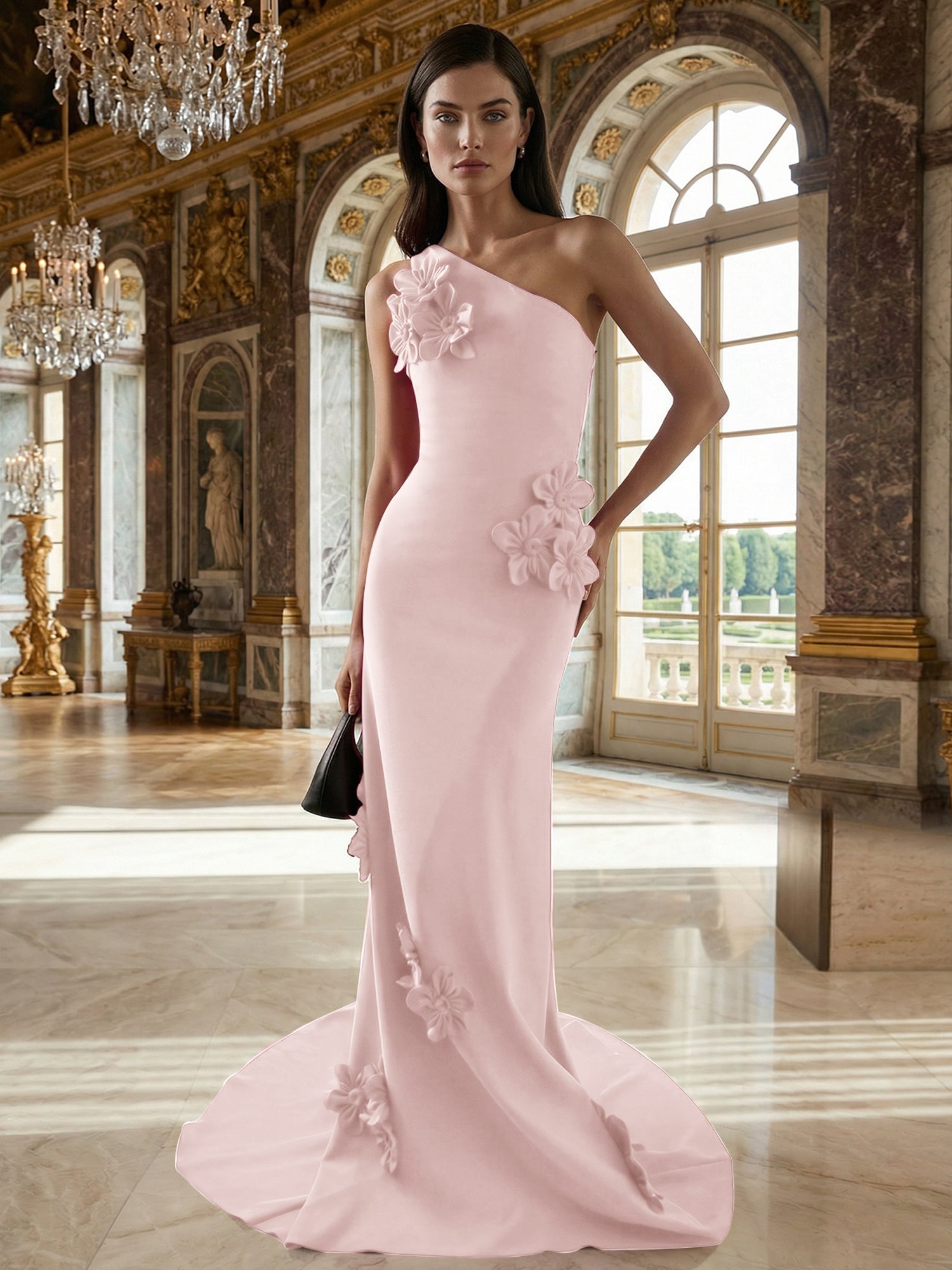 A Line One Shoulder Sleeveless Floor Length Stretch Crepe Dress With 3D Flowers