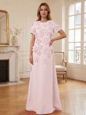 Short Sleeve Crew Neck A-Line Gown with 3D Floral Appliques Evening Dresses