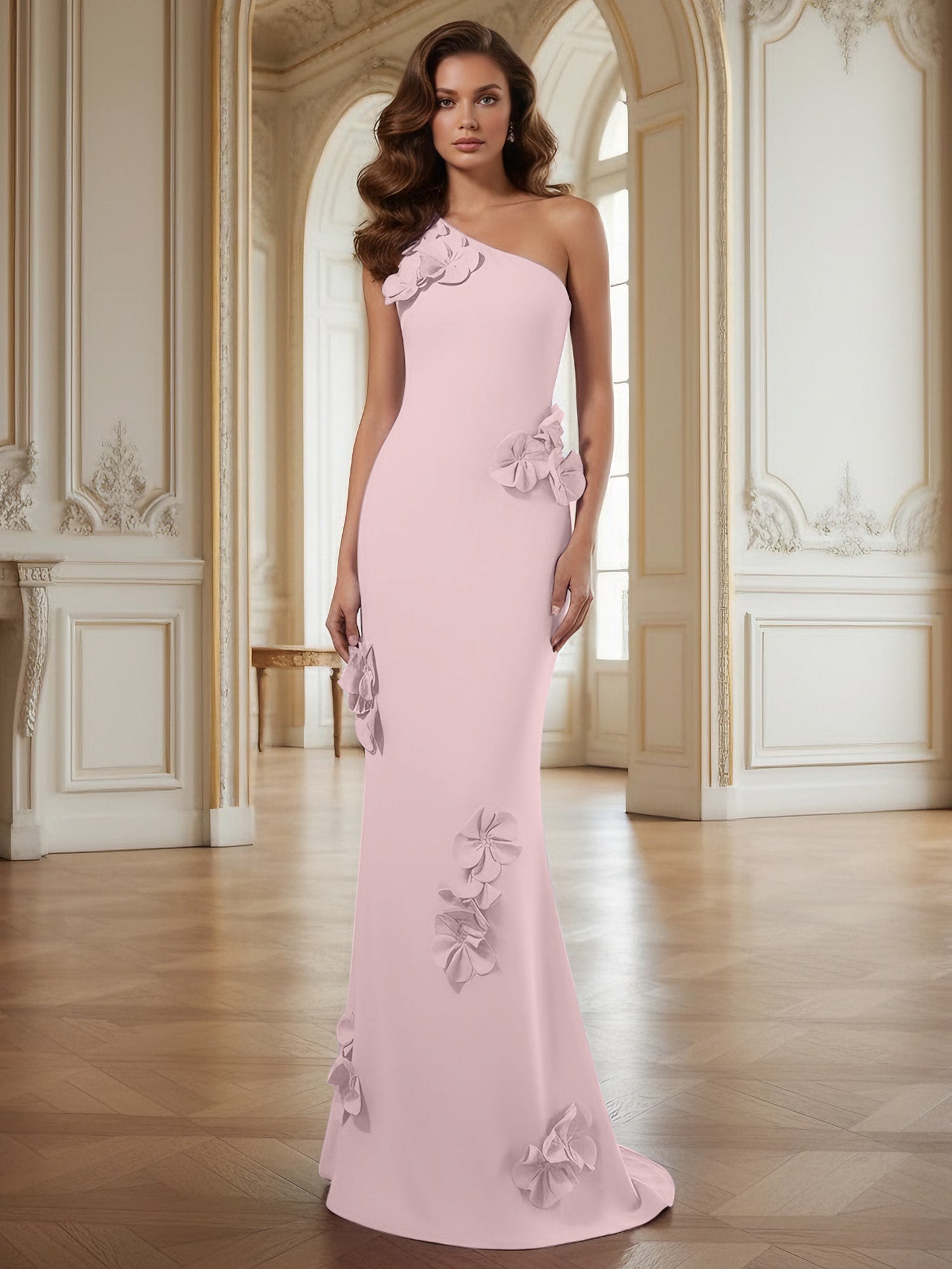 Cream One-Shoulder Prom Dress with Sculptural 3D Floral Appliqués
