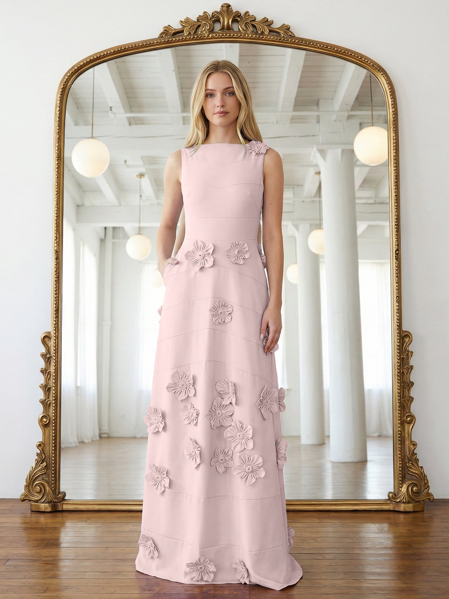 Lavender Boat Neck Formal Gown with Cascading 3D Flowers