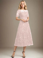 A-line Scoop Illusion Tea-Length Lace Mother of the Bride Dress With Sequins