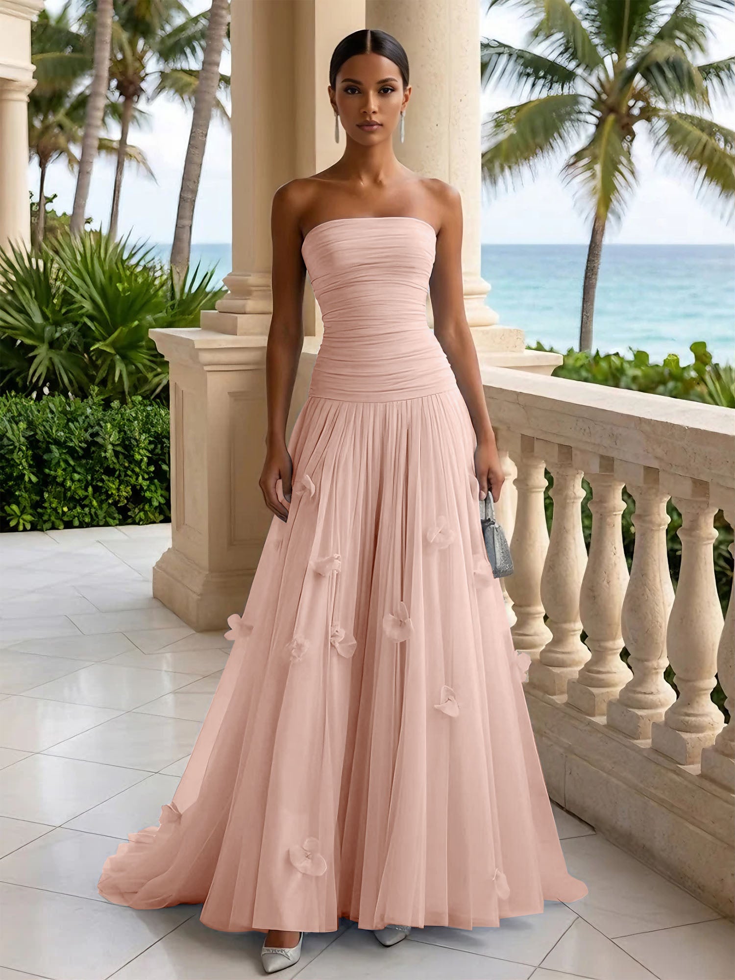 Light Blue Evening Dress with 3D Flower Strapless Pleat Maxi Dress