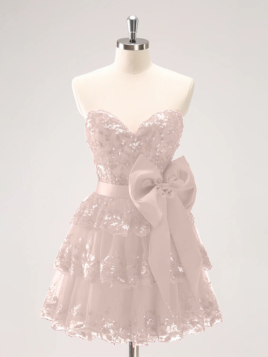 Sparkly A Line Sweetheart Corset Tiered Ruffle Homecoming Dress with Bows