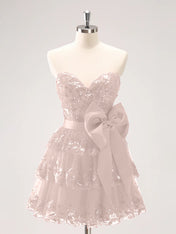 Sparkly A Line Sweetheart Corset Tiered Ruffle Homecoming Dress with Bows